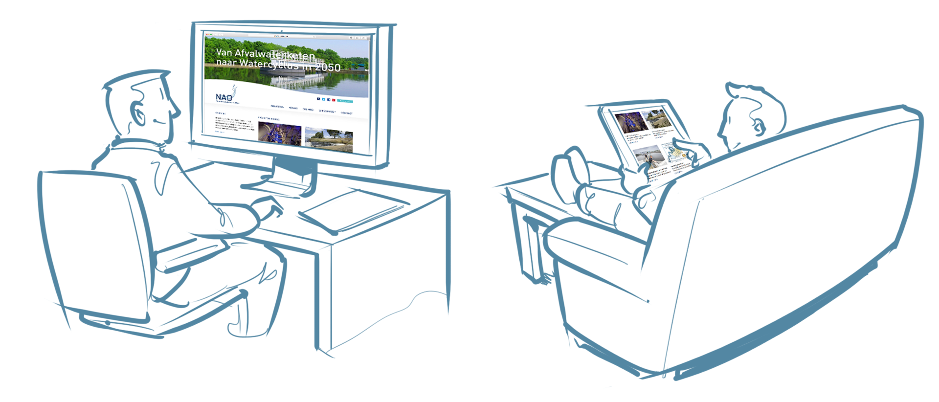 Illlustratie van een man achter het beeldscherm en een man op een bank die de nieuwsbrief lezen.